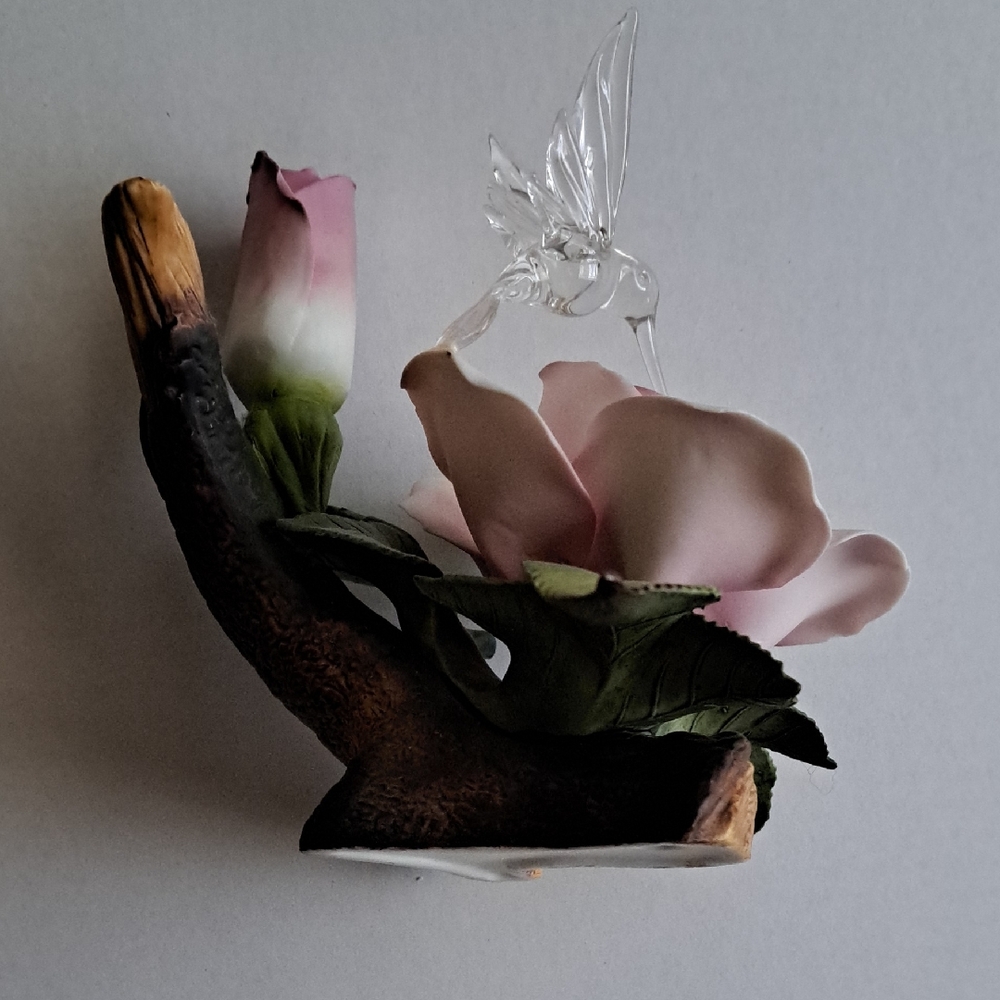 Glass Hummingbird with Pink and Green Floral Design